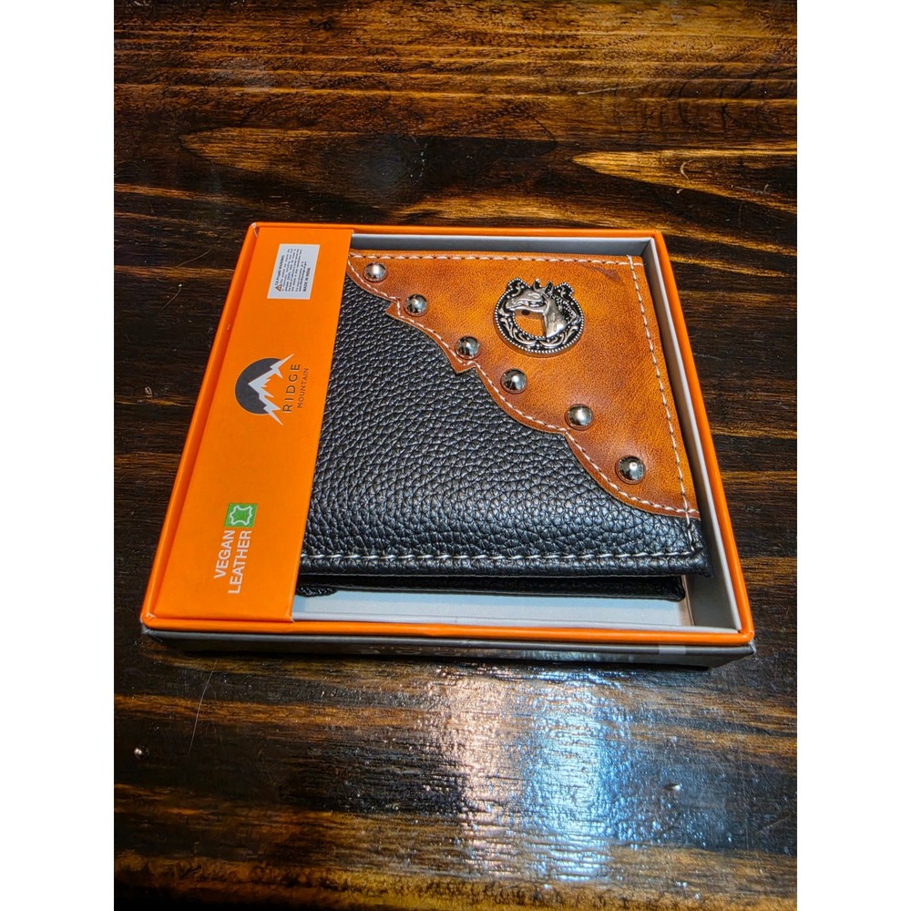 Ridge Mountain Mens Western Bifold Wallet Vegan Leather Horse Head Studded New